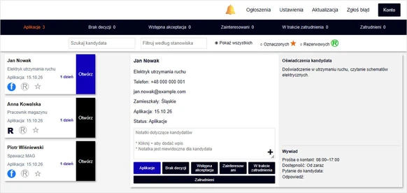 Przykładowy interfejs Rekrunext z fikcyjnymi danymi